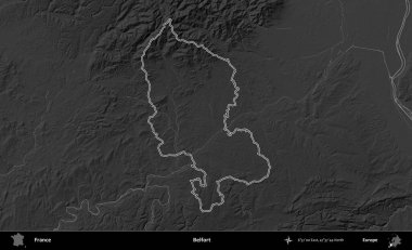 Belfort. Gri tonlu yükseklik haritasında Fransa 'nın idari bölgesinin ana hatları çizilmiş