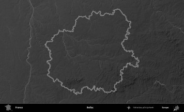Bellac. Gri tonlu yükseklik haritasında Fransa 'nın idari bölgesinin ana hatları çizilmiş
