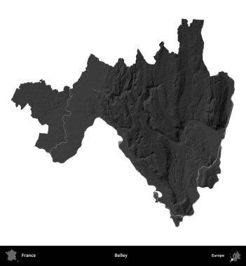 Belley. Fransa 'nın idari bölgesi gri ölçekli yükseklik haritasında beyaza izole edildi
