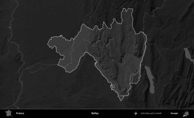 Belley. Fransa 'nın idari alanı kararmış bir gri tonlama yükselme haritasına vurgulandı ve özetlendi
