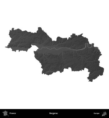 Bergerac. Fransa 'nın idari bölgesi gri ölçekli yükseklik haritasında beyaza izole edildi