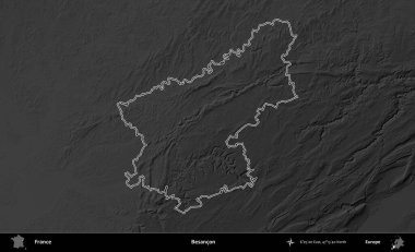 Besancon. Gri tonlu yükseklik haritasında Fransa 'nın idari bölgesinin ana hatları çizilmiş