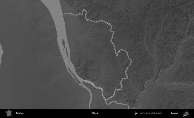 Blaye. Gri tonlu yükseklik haritasında Fransa 'nın idari bölgesinin ana hatları çizilmiş