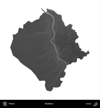 Bordo şarabı. Fransa 'nın idari bölgesi gri ölçekli yükseklik haritasında beyaza izole edildi