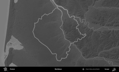 Bordo şarabı. Gri tonlu yükseklik haritasında Fransa 'nın idari bölgesinin ana hatları çizilmiş
