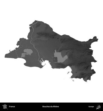 Bouches-du-Rhone. Fransa 'nın idari bölgesi gri ölçekli yükseklik haritasında beyaza izole edildi