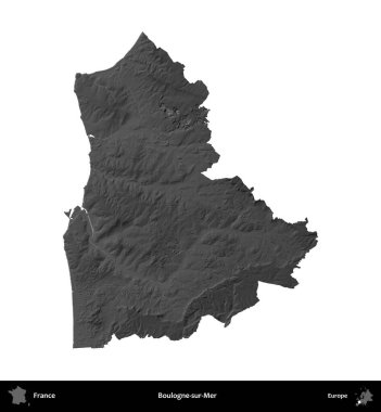 Boulogne-sur-Mer. Fransa 'nın idari bölgesi gri ölçekli yükseklik haritasında beyaza izole edildi