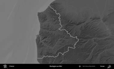Boulogne-sur-Mer. Gri tonlu yükseklik haritasında Fransa 'nın idari bölgesinin ana hatları çizilmiş