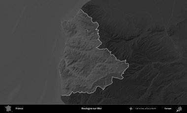 Boulogne-sur-Mer. Fransa 'nın idari alanı kararmış bir gri tonlama yükselme haritasına vurgulandı ve özetlendi