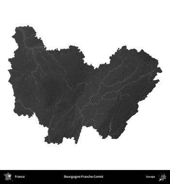 Bourgogne-Franche-Comte. Fransa 'nın idari bölgesi gri ölçekli yükseklik haritasında beyaza izole edildi