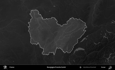 Bourgogne-Franche-Comte. Fransa 'nın idari alanı kararmış bir gri tonlama yükselme haritasına vurgulandı ve özetlendi