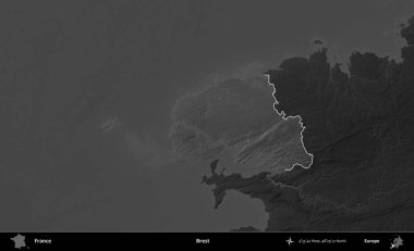 Brest. Fransa 'nın idari alanı kararmış bir gri tonlama yükselme haritasına vurgulandı ve özetlendi