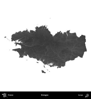 Bretagne. Fransa 'nın idari bölgesi gri ölçekli yükseklik haritasında beyaza izole edildi