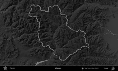 Briancon. Gri tonlu yükseklik haritasında Fransa 'nın idari bölgesinin ana hatları çizilmiş