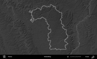 Val-de-Briey. Gri tonlu yükseklik haritasında Fransa 'nın idari bölgesinin ana hatları çizilmiş