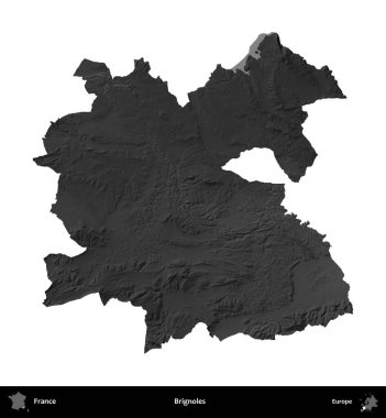 Brignoles. Fransa 'nın idari bölgesi gri ölçekli yükseklik haritasında beyaza izole edildi