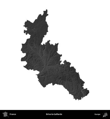 Brive-la-Gaillarde. Fransa 'nın idari bölgesi gri ölçekli yükseklik haritasında beyaza izole edildi