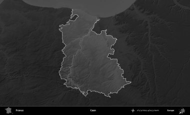 Caen. Fransa 'nın idari alanı kararmış bir gri tonlama yükselme haritasına vurgulandı ve özetlendi