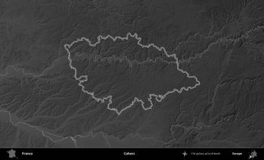 Cahors. Gri tonlu yükseklik haritasında Fransa 'nın idari bölgesinin ana hatları çizilmiş