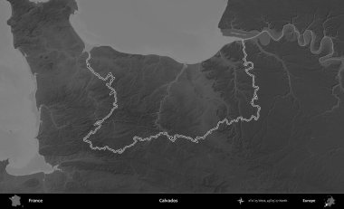 Calvados. Gri tonlu yükseklik haritasında Fransa 'nın idari bölgesinin ana hatları çizilmiş