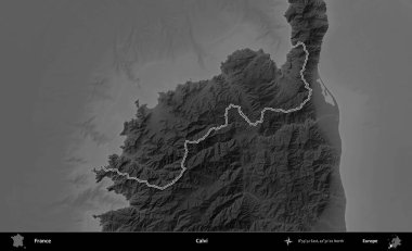 Calvi. Gri tonlu yükseklik haritasında Fransa 'nın idari bölgesinin ana hatları çizilmiş