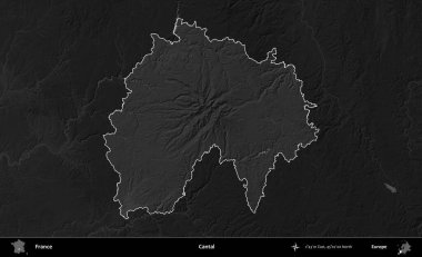 Cantal. Fransa 'nın idari alanı kararmış bir gri tonlama yükselme haritasına vurgulandı ve özetlendi
