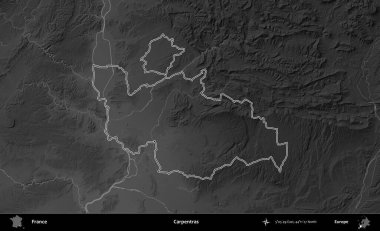 Marangozlar. Gri tonlu yükseklik haritasında Fransa 'nın idari bölgesinin ana hatları çizilmiş
