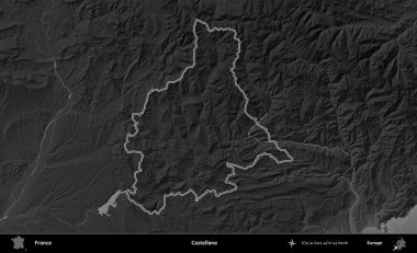 Castellane. Gri tonlu yükseklik haritasında Fransa 'nın idari bölgesinin ana hatları çizilmiş