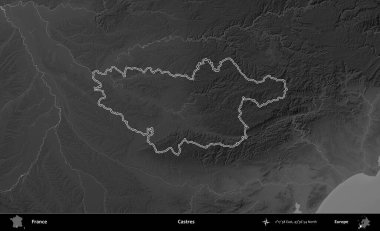Castres. Gri tonlu yükseklik haritasında Fransa 'nın idari bölgesinin ana hatları çizilmiş