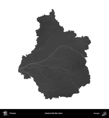 Merkez-Val de Loire. Fransa 'nın idari bölgesi gri ölçekli yükseklik haritasında beyaza izole edildi