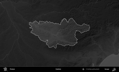 Castres. Fransa 'nın idari alanı kararmış bir gri tonlama yükselme haritasına vurgulandı ve özetlendi