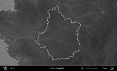 Merkez-Val de Loire. Gri tonlu yükseklik haritasında Fransa 'nın idari bölgesinin ana hatları çizilmiş