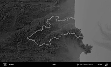 Çerçeve. Gri tonlu yükseklik haritasında Fransa 'nın idari bölgesinin ana hatları çizilmiş