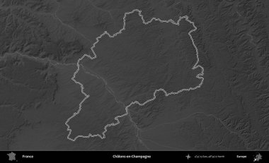 Chalons-en-Champagne. Gri tonlu yükseklik haritasında Fransa 'nın idari bölgesinin ana hatları çizilmiş