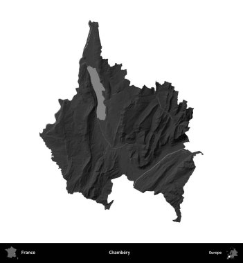Chambery. Fransa 'nın idari bölgesi gri ölçekli yükseklik haritasında beyaza izole edildi