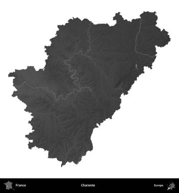 Charente. Fransa 'nın idari bölgesi gri ölçekli yükseklik haritasında beyaza izole edildi
