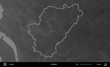 Charente. Gri tonlu yükseklik haritasında Fransa 'nın idari bölgesinin ana hatları çizilmiş