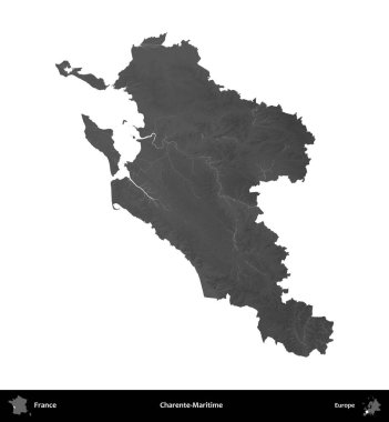 Charente-Maritime. Fransa 'nın idari bölgesi gri ölçekli yükseklik haritasında beyaza izole edildi