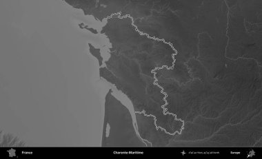 Charente-Maritime. Gri tonlu yükseklik haritasında Fransa 'nın idari bölgesinin ana hatları çizilmiş