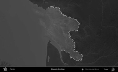 Charente-Maritime. Fransa 'nın idari alanı kararmış bir gri tonlama yükselme haritasına vurgulandı ve özetlendi