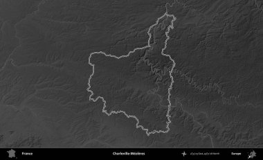 Charleville-Mezieres. Gri tonlu yükseklik haritasında Fransa 'nın idari bölgesinin ana hatları çizilmiş