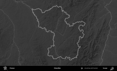 Charolles. Gri tonlu yükseklik haritasında Fransa 'nın idari bölgesinin ana hatları çizilmiş