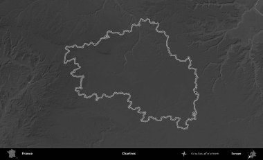 Chartres. Gri tonlu yükseklik haritasında Fransa 'nın idari bölgesinin ana hatları çizilmiş