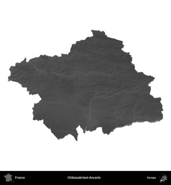 Chateaubriant-Ancenis. Fransa 'nın idari bölgesi gri ölçekli yükseklik haritasında beyaza izole edildi