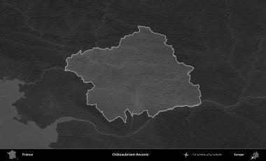 Chateaubriant-Ancenis. Fransa 'nın idari alanı kararmış bir gri tonlama yükselme haritasına vurgulandı ve özetlendi