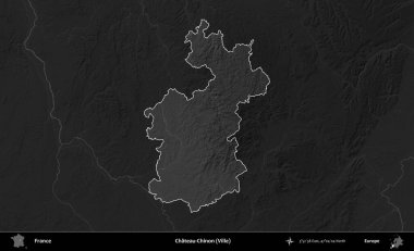 Chateau-Chinon (Ville). Fransa 'nın idari alanı kararmış bir gri tonlama yükselme haritasına vurgulandı ve özetlendi
