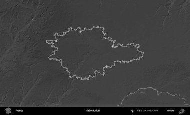 Chateaudun. Gri tonlu yükseklik haritasında Fransa 'nın idari bölgesinin ana hatları çizilmiş