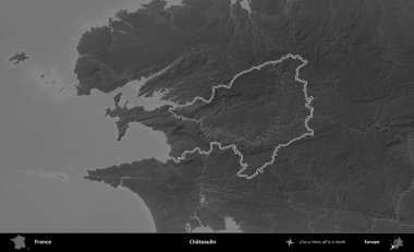 Chateaulin. Gri tonlu yükseklik haritasında Fransa 'nın idari bölgesinin ana hatları çizilmiş