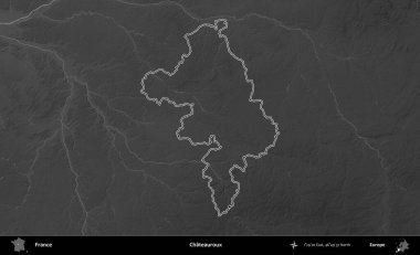Chateauroux. Gri tonlu yükseklik haritasında Fransa 'nın idari bölgesinin ana hatları çizilmiş