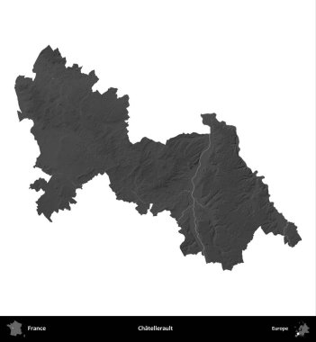 Chatellerault. Fransa 'nın idari bölgesi gri ölçekli yükseklik haritasında beyaza izole edildi